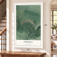 Purnell, Maryland map, 24 x 36 inch print in a white frame by a staircase