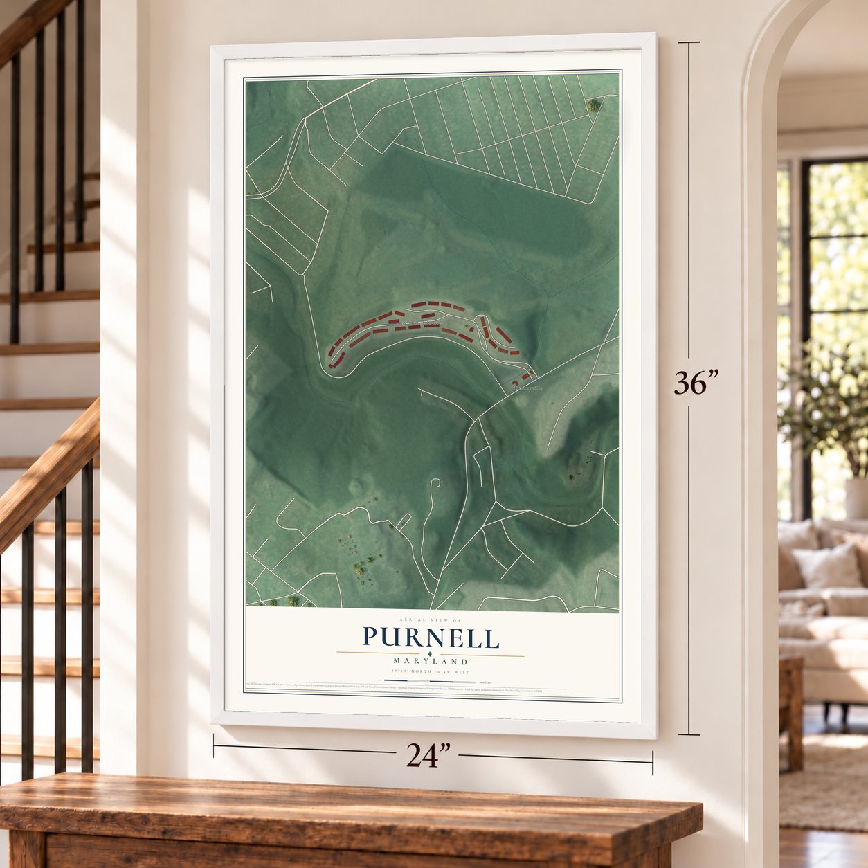 Purnell, Maryland map, 24 x 36 inch print in a white frame by a staircase