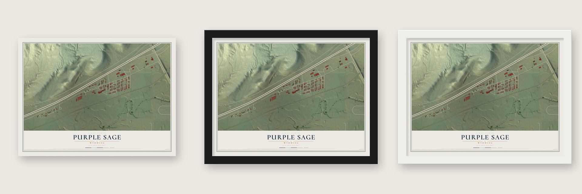 Purple Sage, Wyoming map unframed, in a black wood frame and in a white wood frame