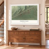 Purple Sage, Wyoming map, 24 x 36 inch print in a white frame above a dresser by a staircase