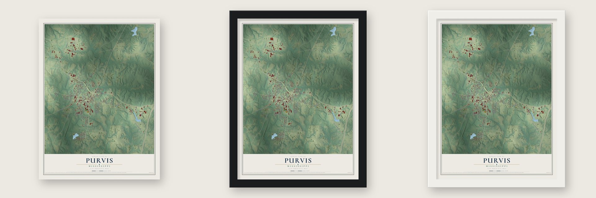 Purvis, Mississippi map unframed, in a black wood frame and in a white wood frame