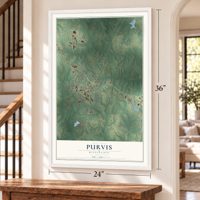 Purvis, Mississippi map, 24 x 36 inch print in a white frame by a staircase