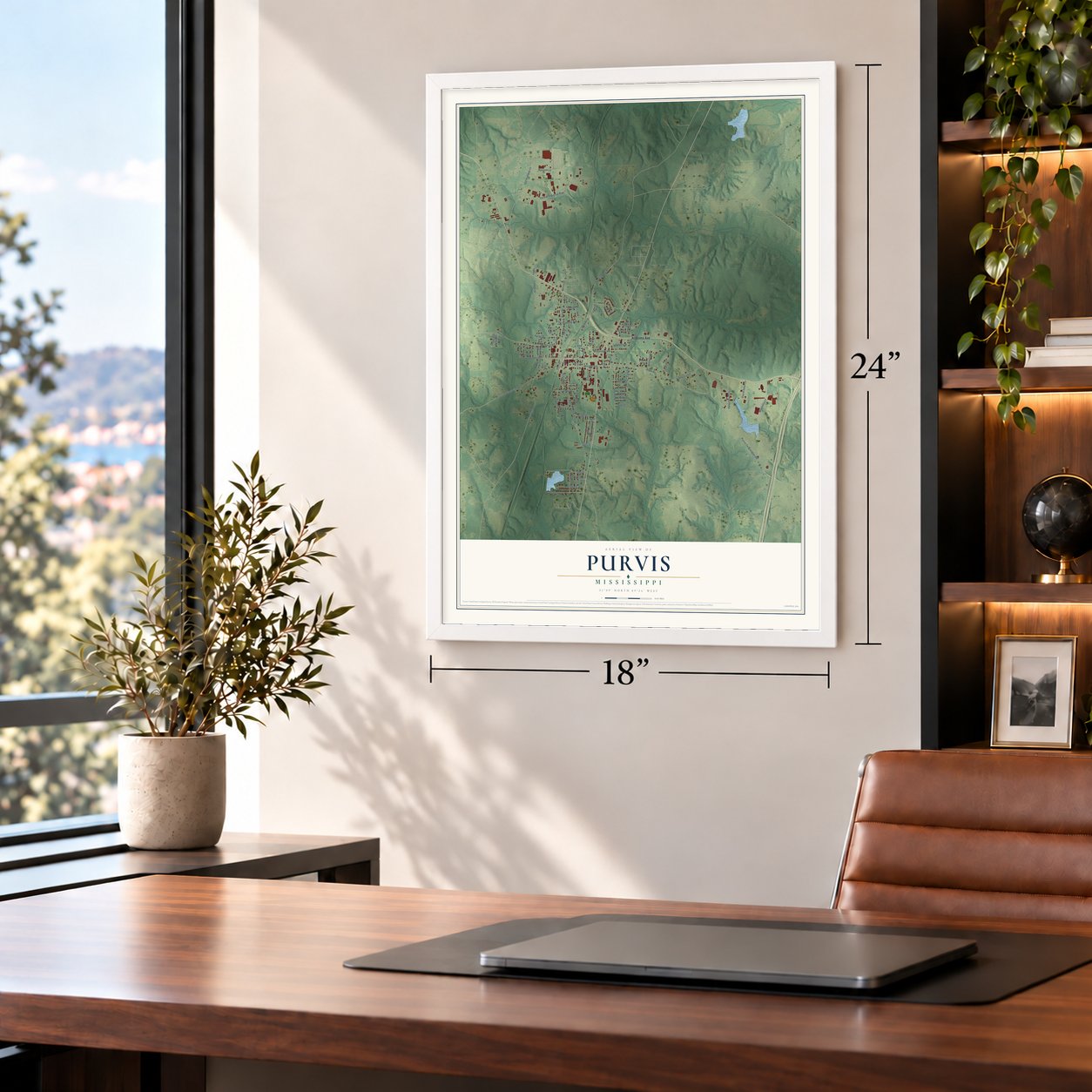 Purvis, Mississippi map, 18 x 24 inch print in a white frame in a home office