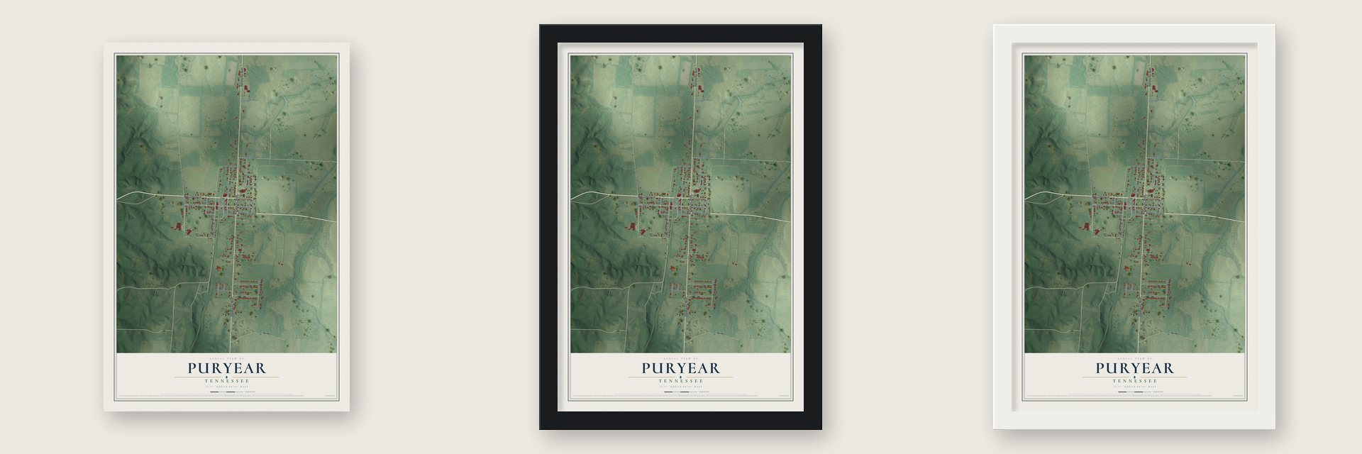 Puryear, Tennessee map unframed, in a black wood frame and in a white wood frame