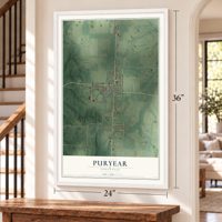 Puryear, Tennessee map, 24 x 36 inch print in a white frame by a staircase