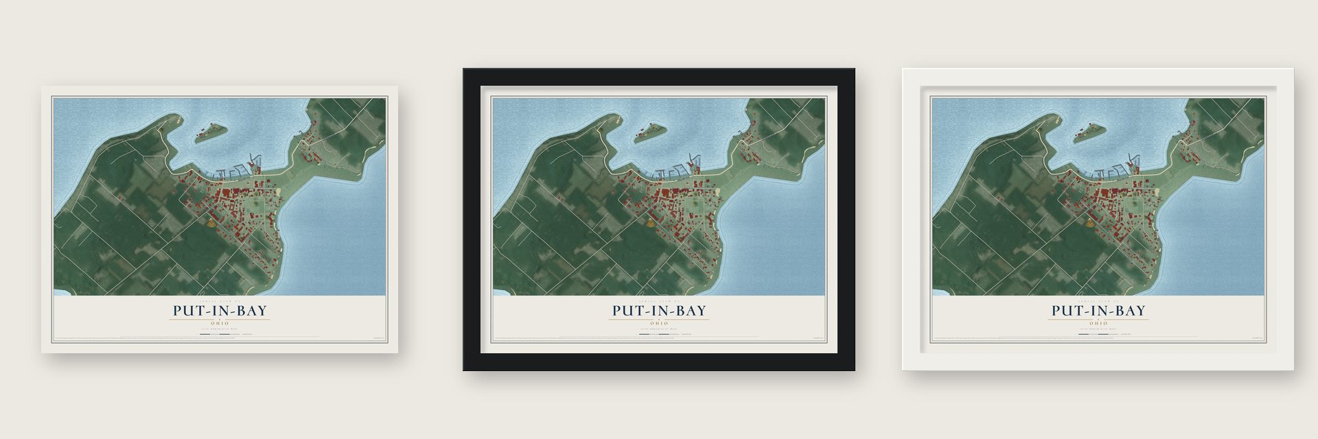 Put-in-Bay, Ohio map unframed, in a black wood frame and in a white wood frame