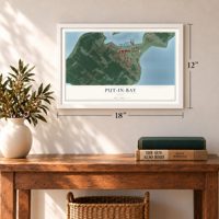 Put-in-Bay, Ohio map, 12 x 18 inch print in a white frame in an entryway