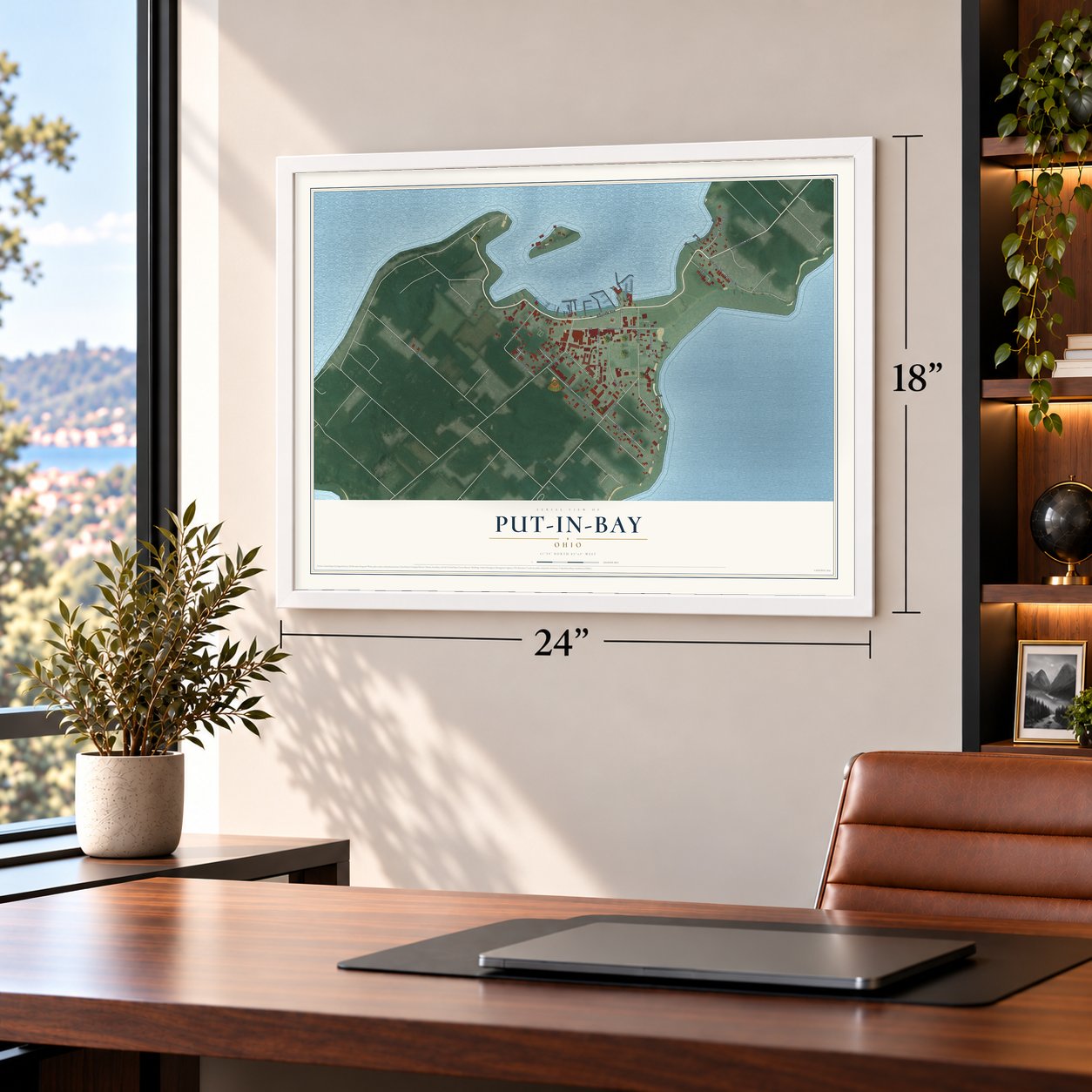 Put-in-Bay, Ohio map, 18 x 24 inch print in a white frame in a home office