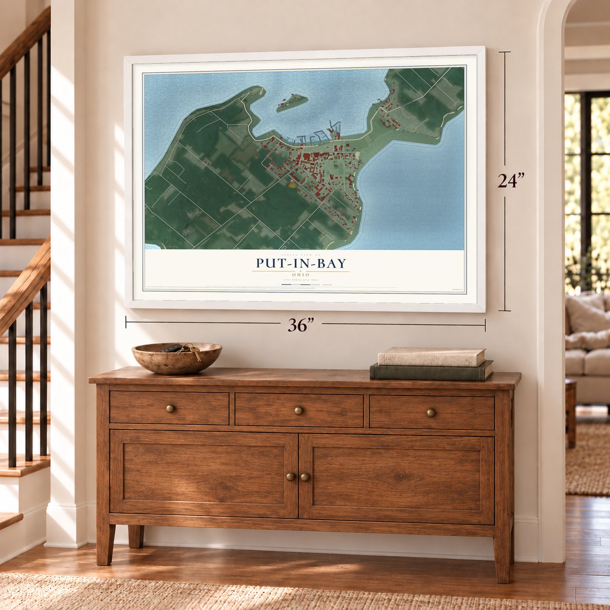 Put-in-Bay, Ohio map, 24 x 36 inch print in a white frame above a dresser by a staircase