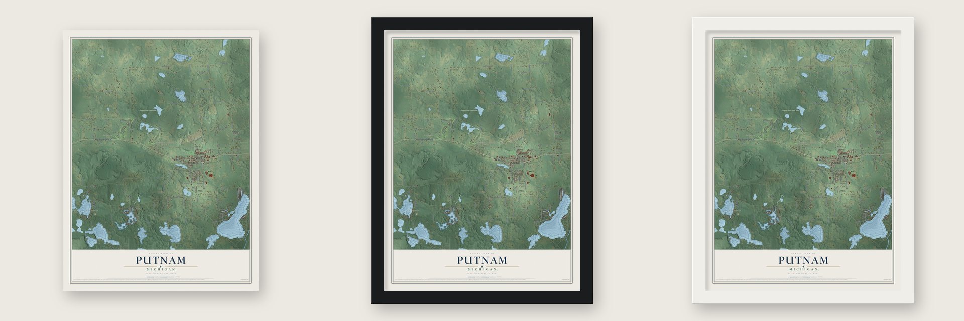 Putnam, Michigan map unframed, in a black wood frame and in a white wood frame