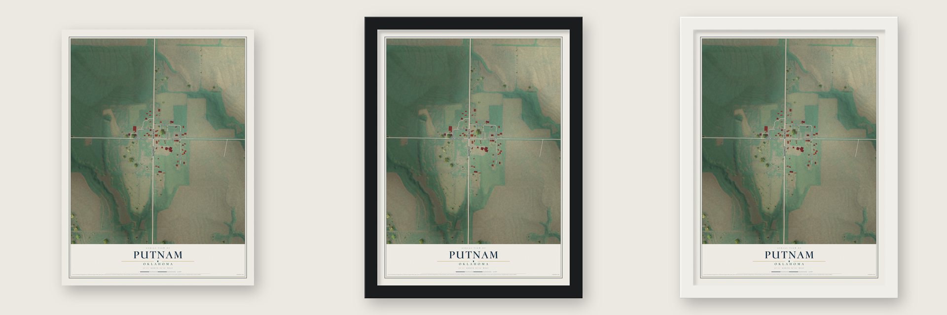 Putnam, Oklahoma map unframed, in a black wood frame and in a white wood frame