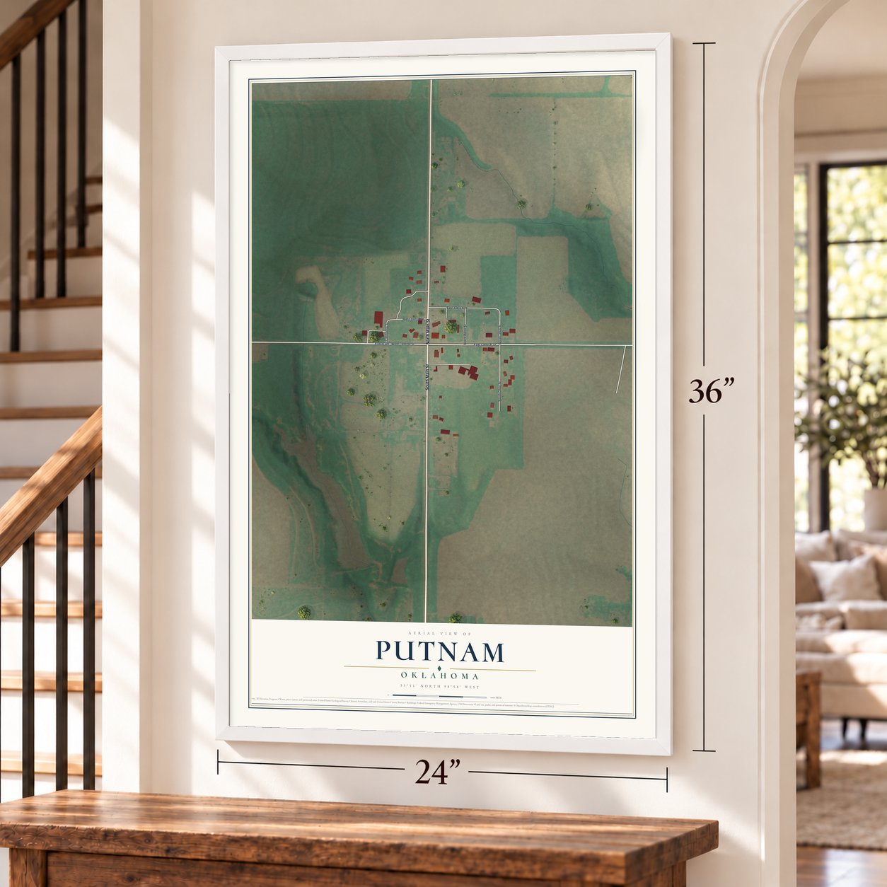 Putnam, Oklahoma map, 24 x 36 inch print in a white frame by a staircase