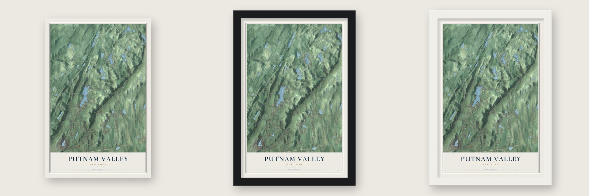 Putnam Valley, New York map unframed, in a black wood frame and in a white wood frame