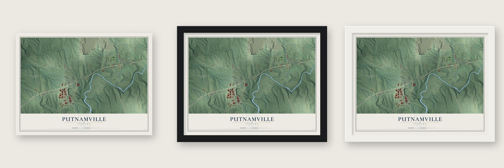 Putnamville, Indiana map unframed, in a black wood frame and in a white wood frame