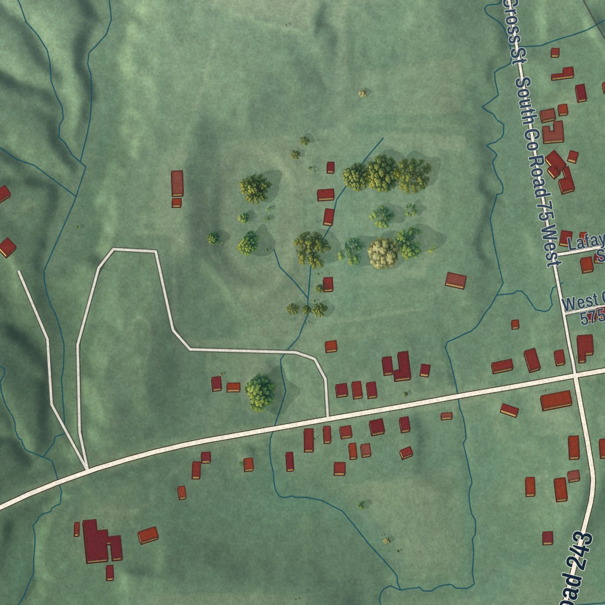 Second close-up of the map of Putnamville, Indiana print showing more streets and buildings