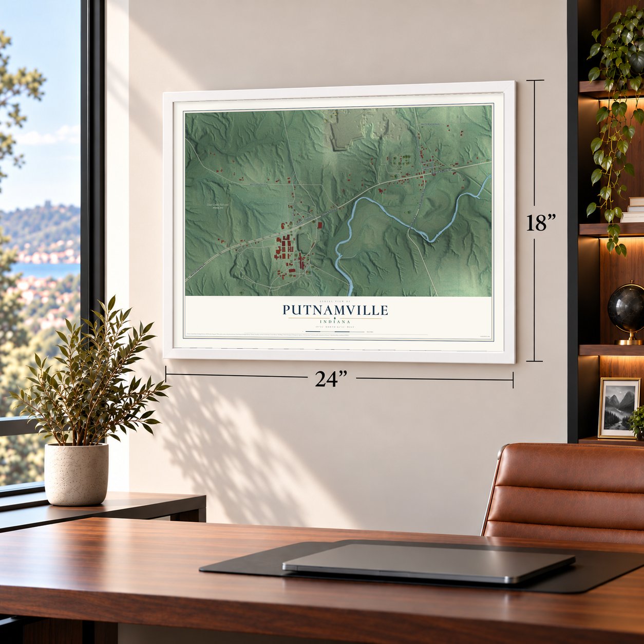 Putnamville, Indiana map, 18 x 24 inch print in a white frame in a home office