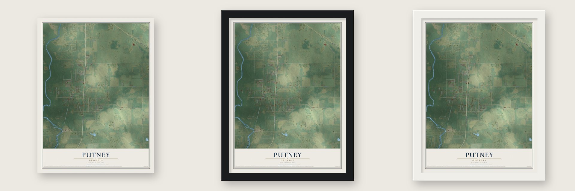 Putney, Georgia map unframed, in a black wood frame and in a white wood frame