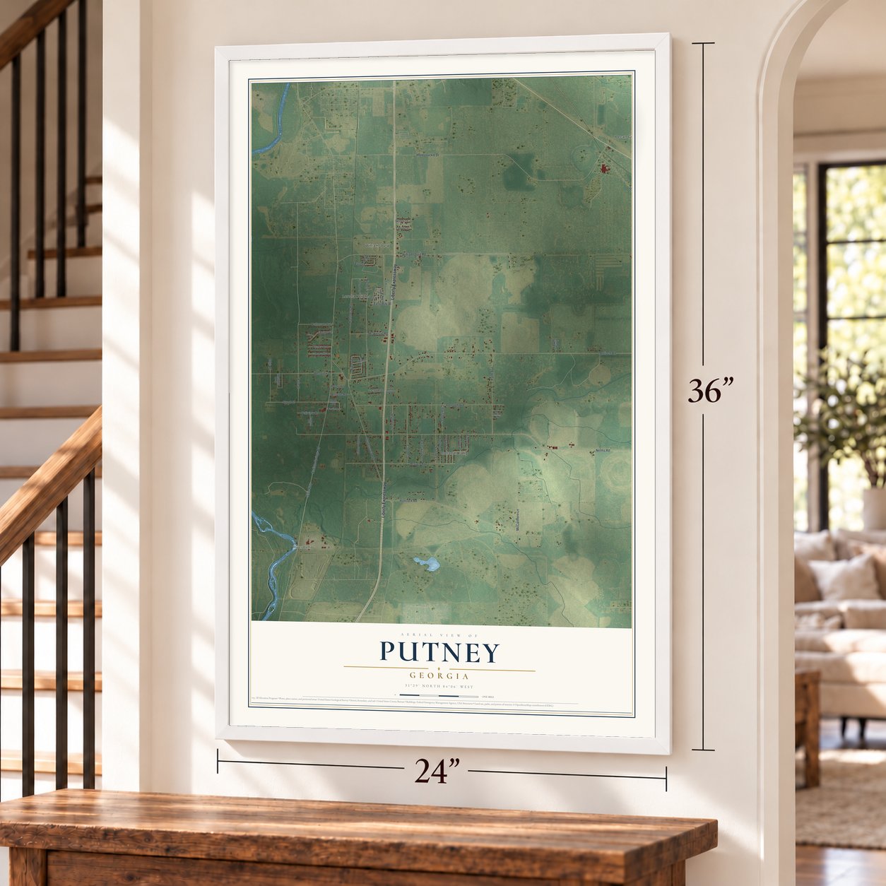 Putney, Georgia map, 24 x 36 inch print in a white frame by a staircase