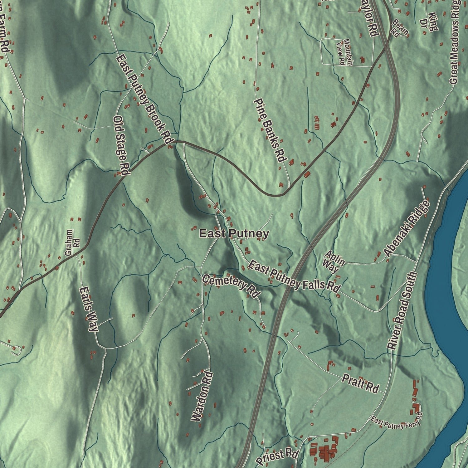 Close-up of the map of Putney, Vermont print showing terrain and local geography