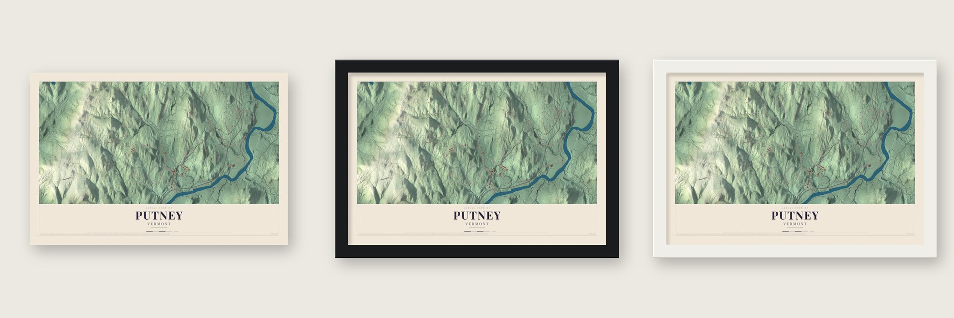 Putney, Vermont map unframed, in a black wood frame and in a white wood frame