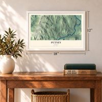 Putney, Vermont map, 12 x 18 inch print in a white frame in an entryway