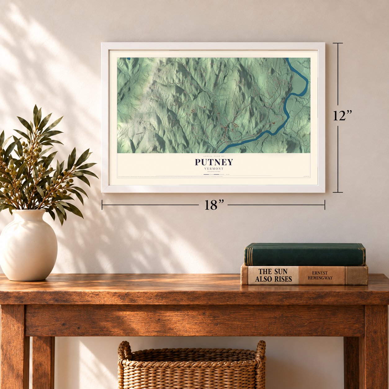 Putney, Vermont map, 12 x 18 inch print in a white frame in an entryway