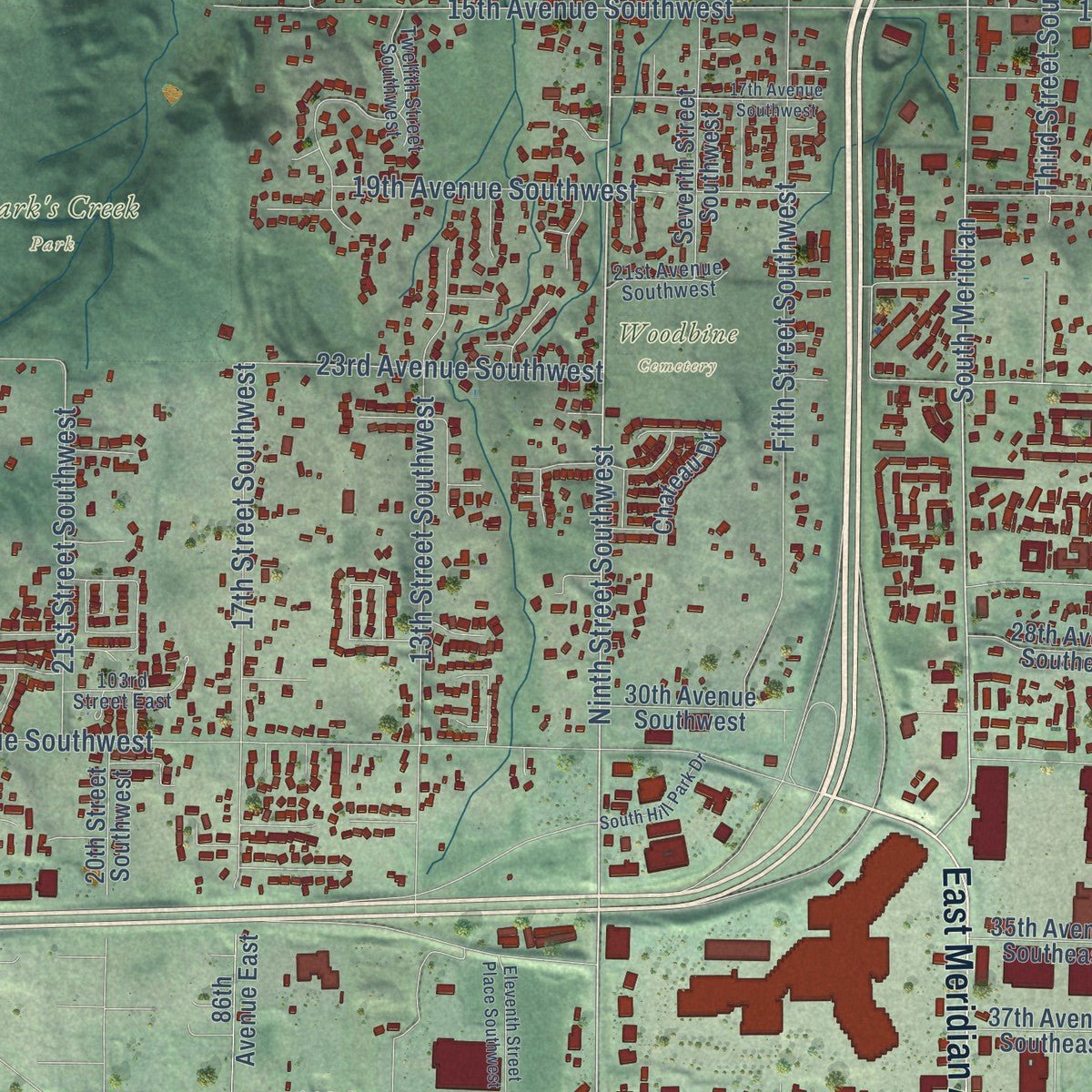 Second close-up of the map of Puyallup, Washington print showing more streets and buildings