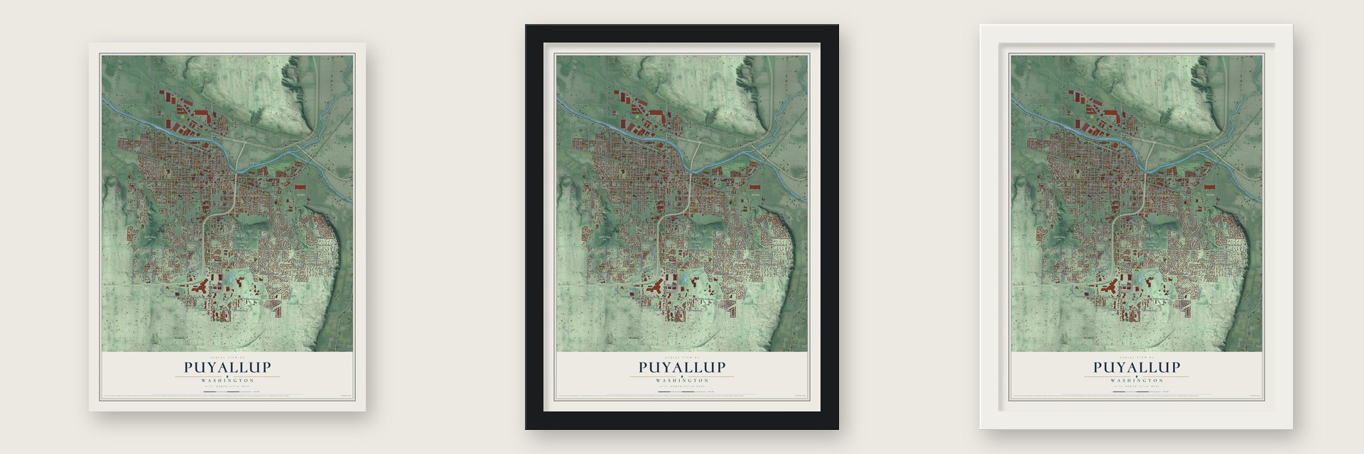 Puyallup, Washington map unframed, in a black wood frame and in a white wood frame