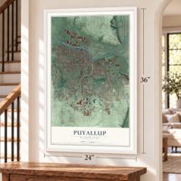 Puyallup, Washington map, 24 x 36 inch print in a white frame by a staircase