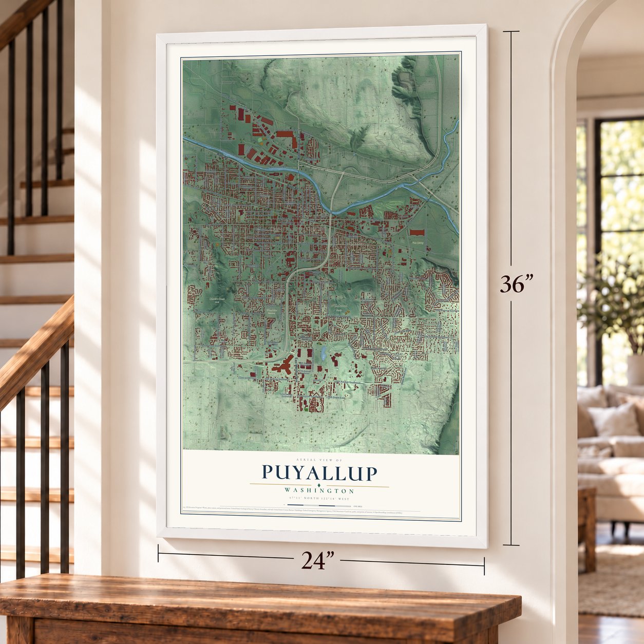Puyallup, Washington map, 24 x 36 inch print in a white frame by a staircase