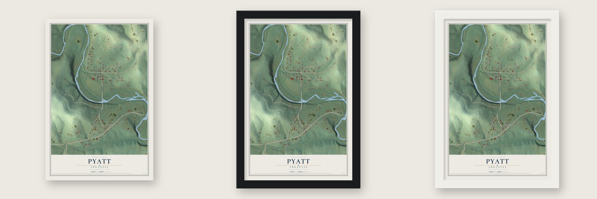 Pyatt, Arkansas map unframed, in a black wood frame and in a white wood frame