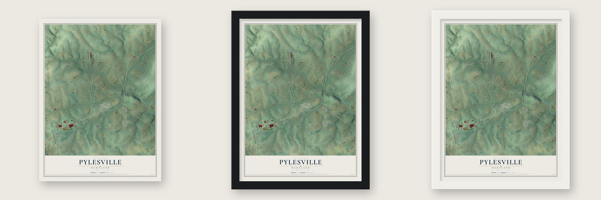 Pylesville, Maryland map unframed, in a black wood frame and in a white wood frame