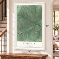 Pylesville, Maryland map, 24 x 36 inch print in a white frame by a staircase