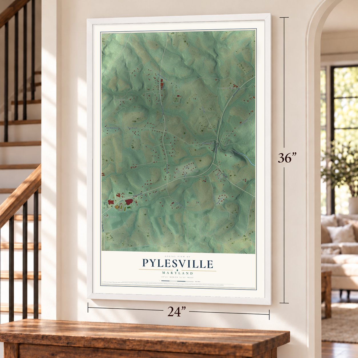 Pylesville, Maryland map, 24 x 36 inch print in a white frame by a staircase
