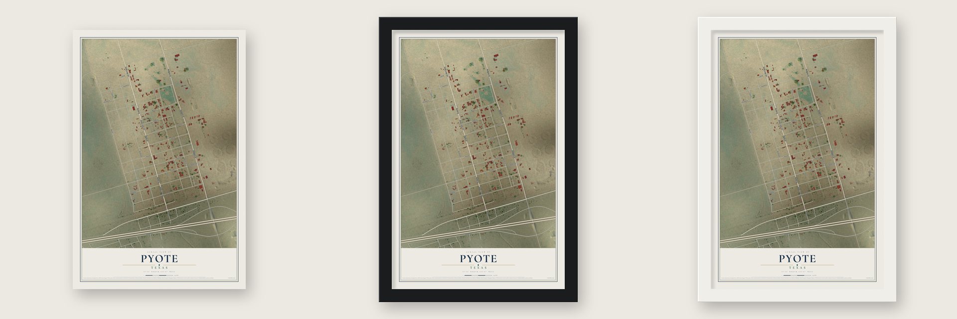 Pyote, Texas map unframed, in a black wood frame and in a white wood frame