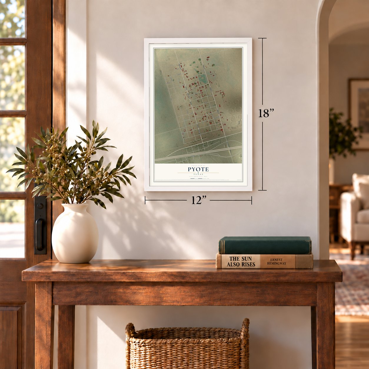 Pyote, Texas map, 12 x 18 inch print in a white frame in an entryway