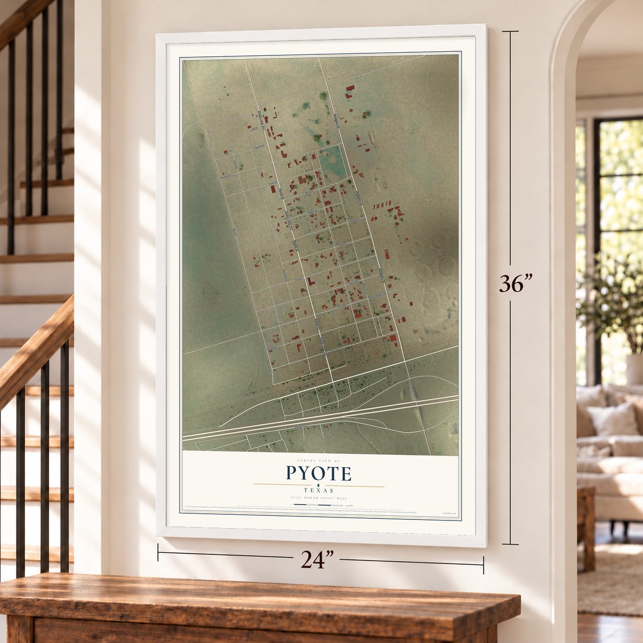 Pyote, Texas map, 24 x 36 inch print in a white frame by a staircase