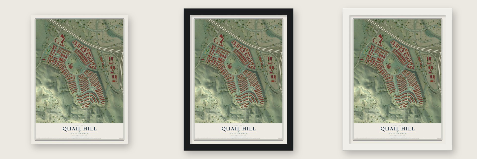 Quail Hill, California map unframed, in a black wood frame and in a white wood frame