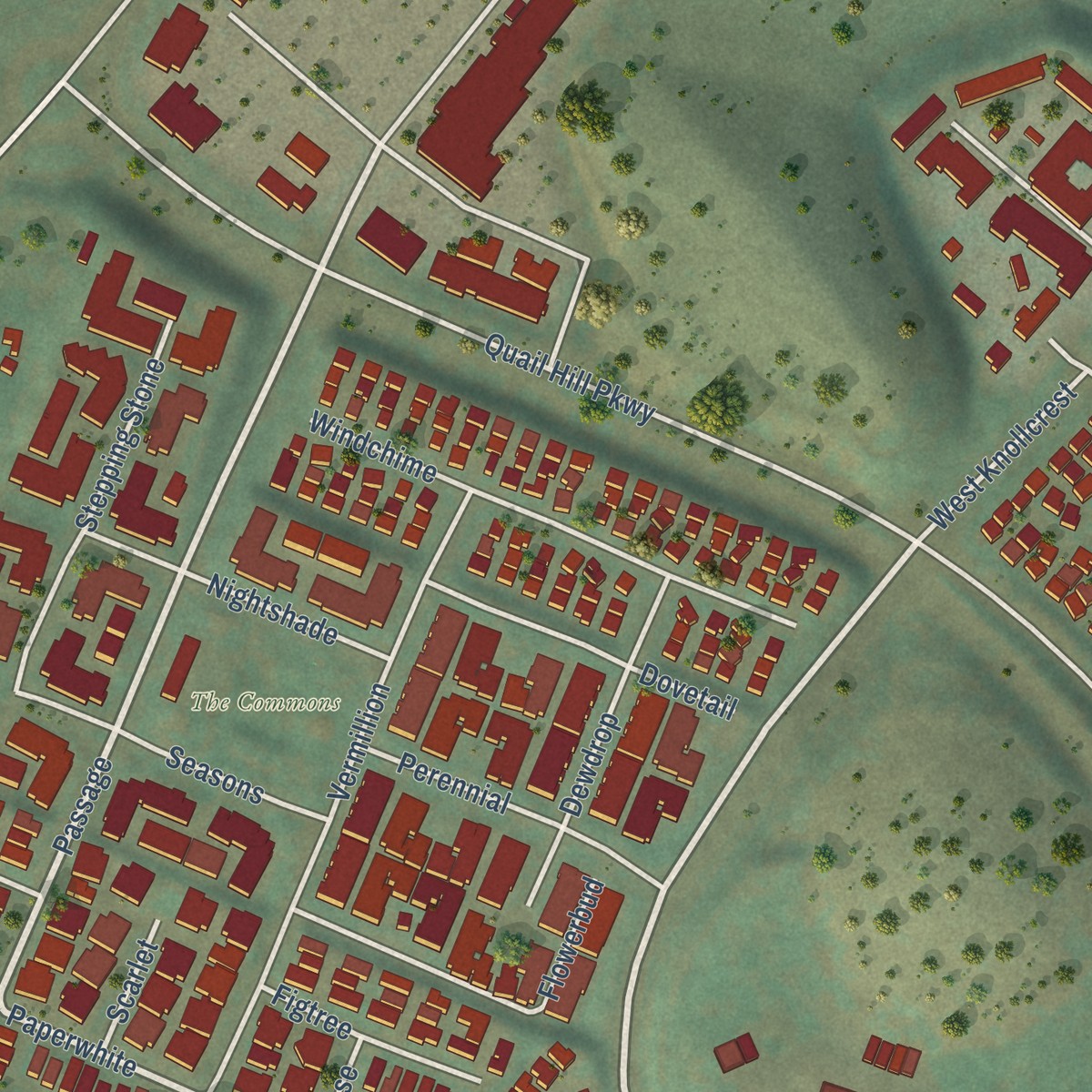 Second close-up of the map of Quail Hill, California print showing more streets and buildings