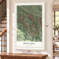 Quail Hill, California map, 24 x 36 inch print in a white frame by a staircase
