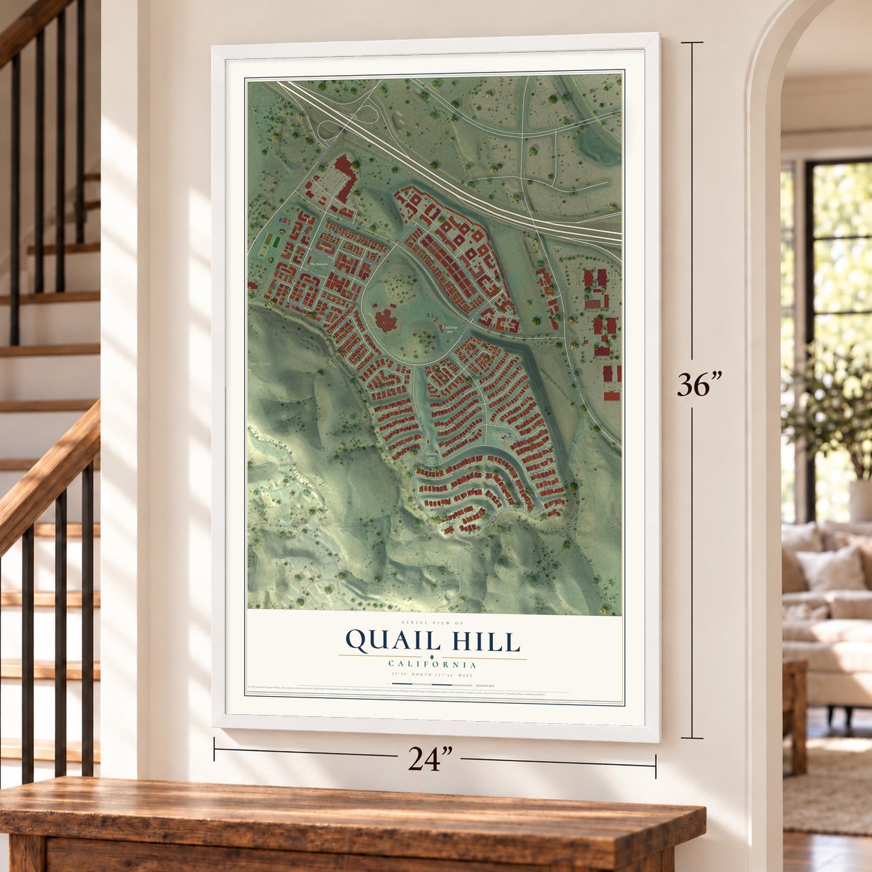 Quail Hill, California map, 24 x 36 inch print in a white frame by a staircase