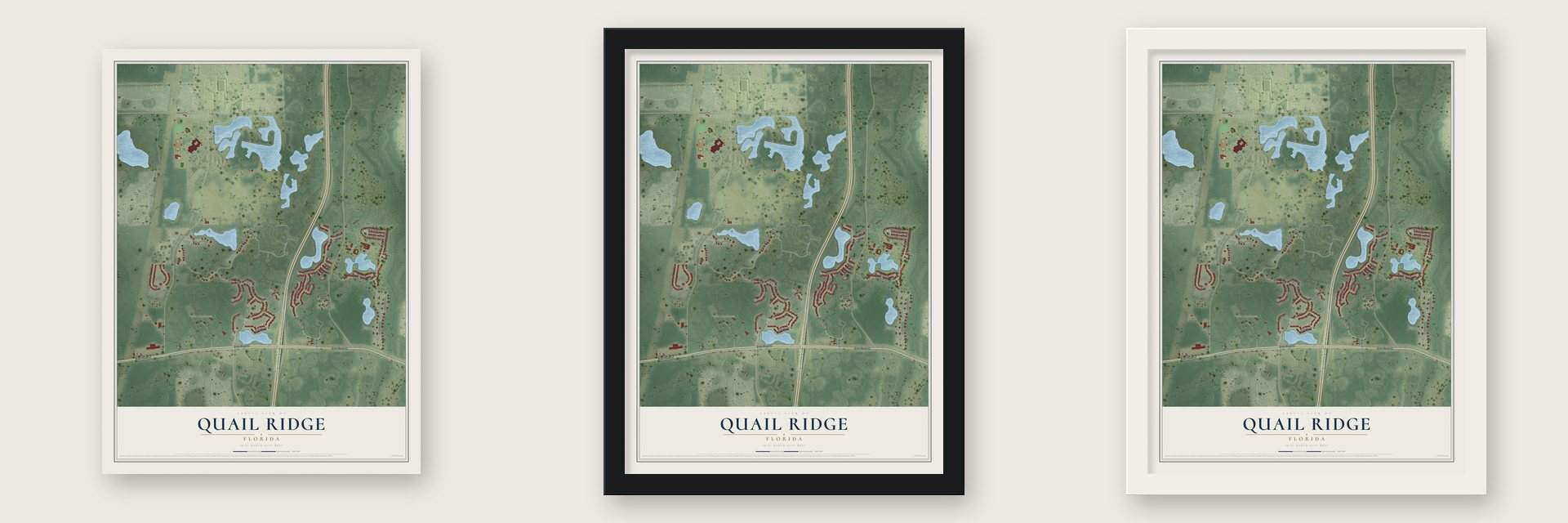 Quail Ridge, Florida map unframed, in a black wood frame and in a white wood frame