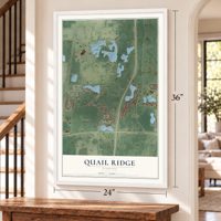 Quail Ridge, Florida map, 24 x 36 inch print in a white frame by a staircase