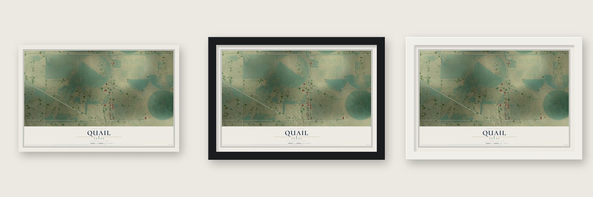 Quail, Texas map unframed, in a black wood frame and in a white wood frame