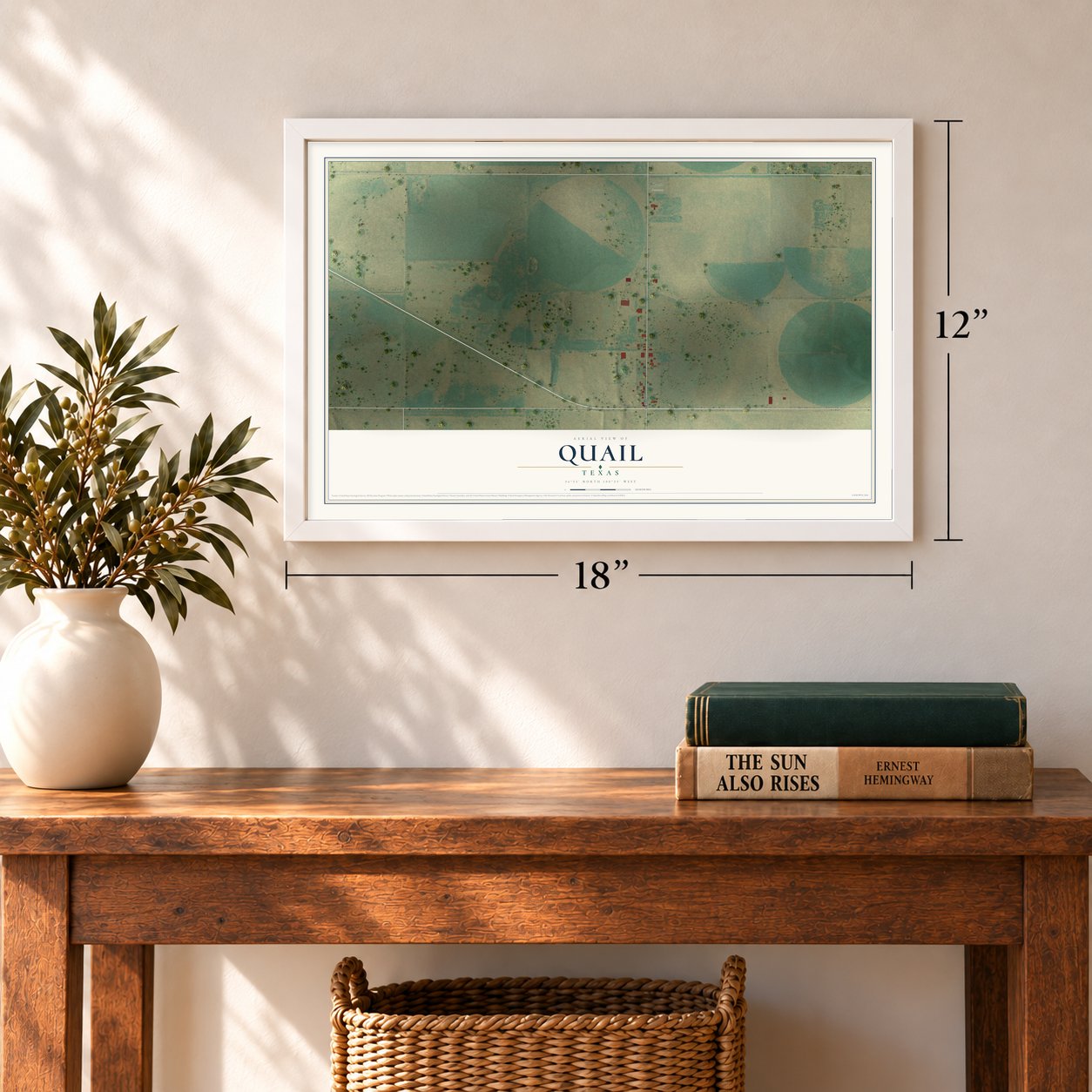 Quail, Texas map, 12 x 18 inch print in a white frame in an entryway