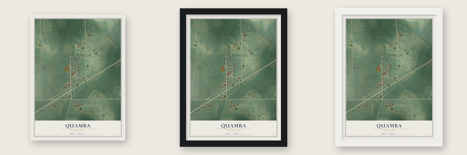 Quamba, Minnesota map unframed, in a black wood frame and in a white wood frame