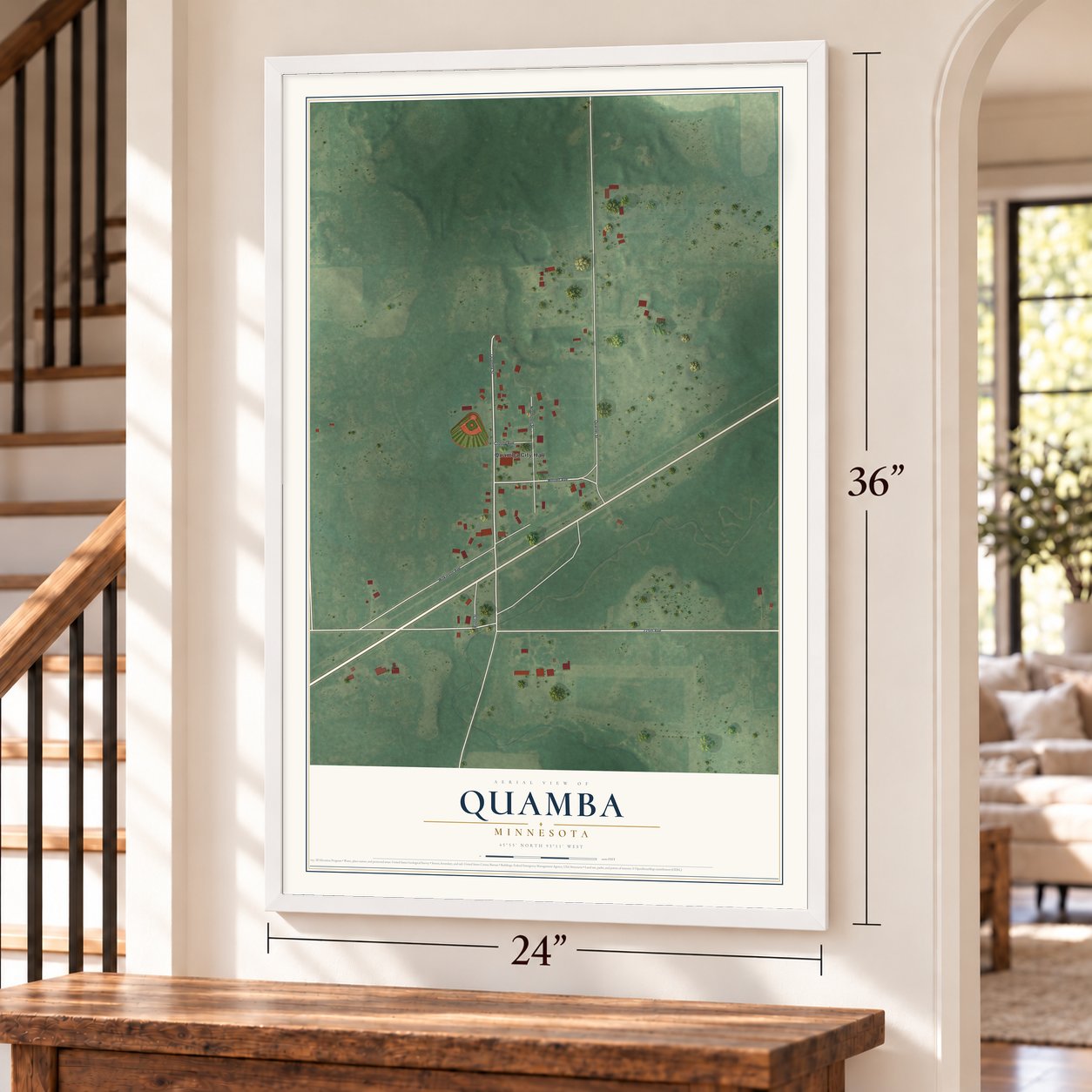Quamba, Minnesota map, 24 x 36 inch print in a white frame by a staircase