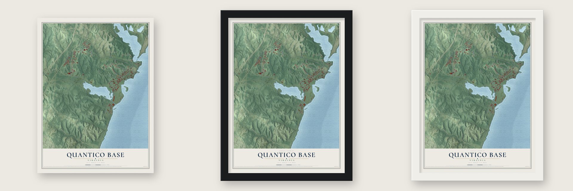 Quantico Base, Virginia map unframed, in a black wood frame and in a white wood frame