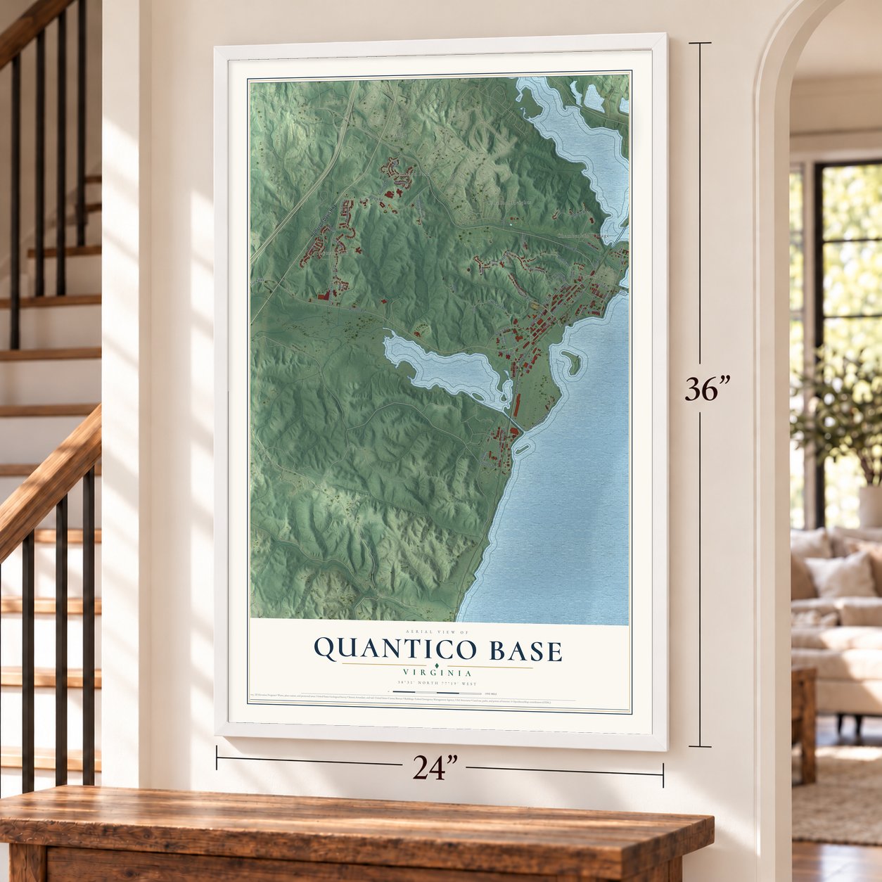 Quantico Base, Virginia map, 24 x 36 inch print in a white frame by a staircase