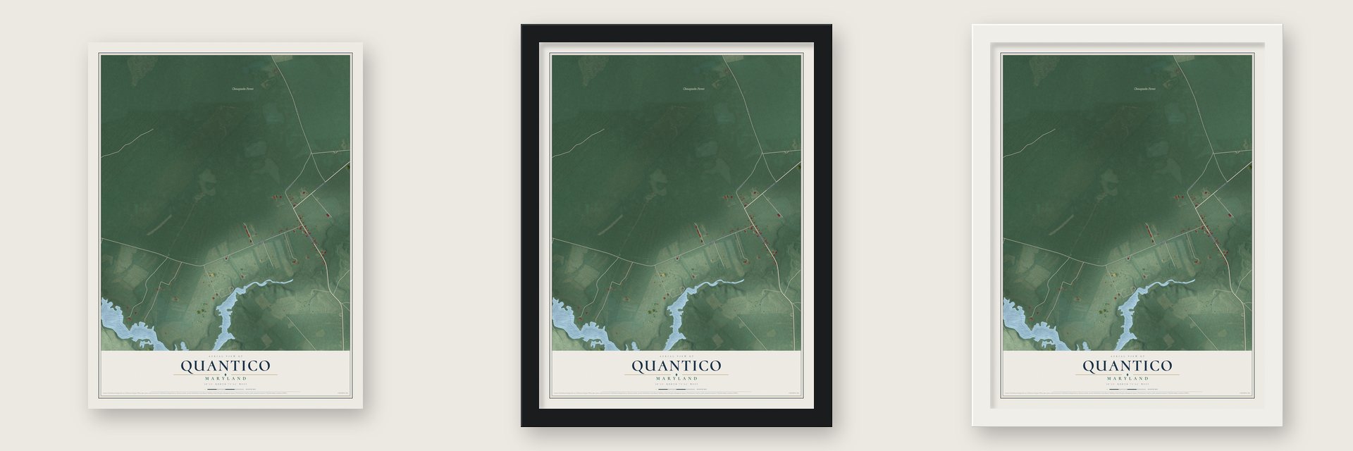 Quantico, Maryland map unframed, in a black wood frame and in a white wood frame